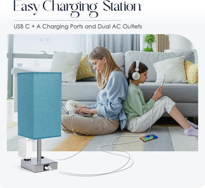 Bedside Table Lamp for Bedroom - Touch Small Lamp with USB C+A Charging Ports & AC Outlets, 3 Way Dimmable Nightstand Light for Living Room (LED Bulb Included, Grey)