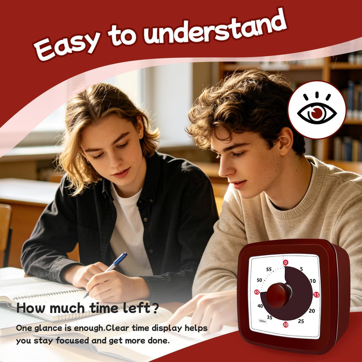 Battery Operated Visual Timer for Kids, 60 Minute Silent Countdown Clock Timers with Easy Use Gentle Ring Large Color Disk for Homeschool Tutoring Exam Practice, Teacher Must Haves, Burgundy
