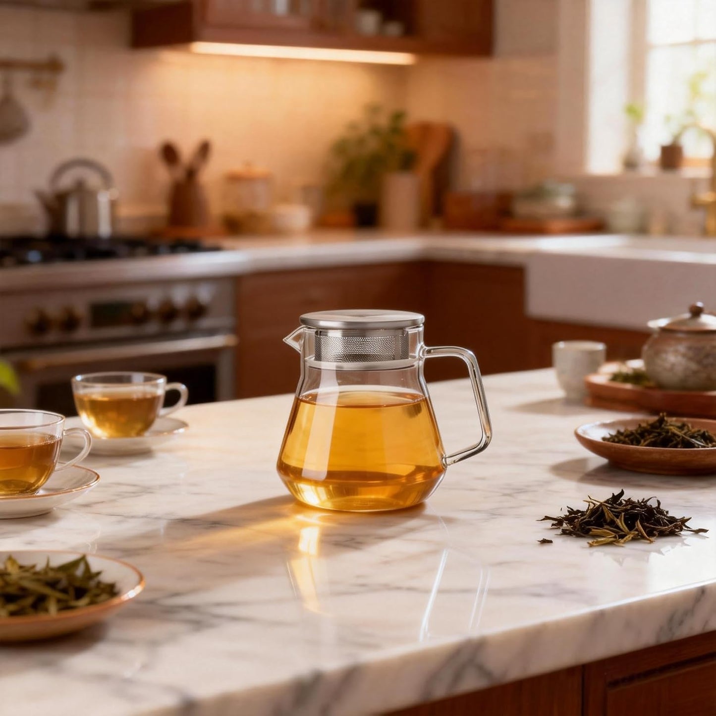 CNGLASS One-Touch Glass Teapot with Stainless Steel Filter Lid,20oz(600ml) Glear Tea Kettle Stovetop Safe,Borosilicate Glass Tea Pots for Loose Leaf Tea
