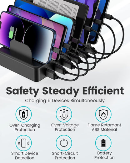 50W 6 Ports Multi Charger Station, USB Charging Dock for Multiple Devices