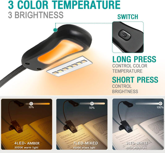 Vekkia/LuminoLite Rechargeable Amber Book Light, Clip on Lights for Reading in Bed, 3 Brightness × 3 Color Temperature, 2.1 oz Lightweight, 70 Hrs Reading, Great for Readers & Kids (Black)