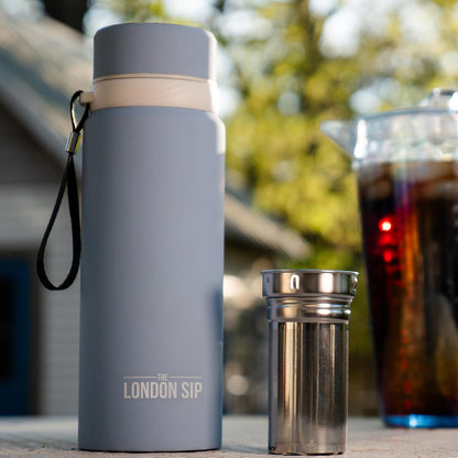 London Sip 25 oz Multi-Function Travel Mug and Tumbler Tea Infuser Water Bottle Fruit Infuser Flask Hot and Cold Double Wall Stainless Steel Coffee Thermos, Zen Black