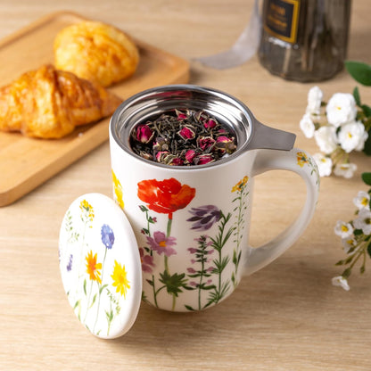 AmorArc Porcelain Tea Mug with Infuser and Lids, 18 Oz Large Cup Strainer with Bag Holder for Loose Leaf Tea, Steeping Coffee Mug for House-warming Wedding Birthday Gift