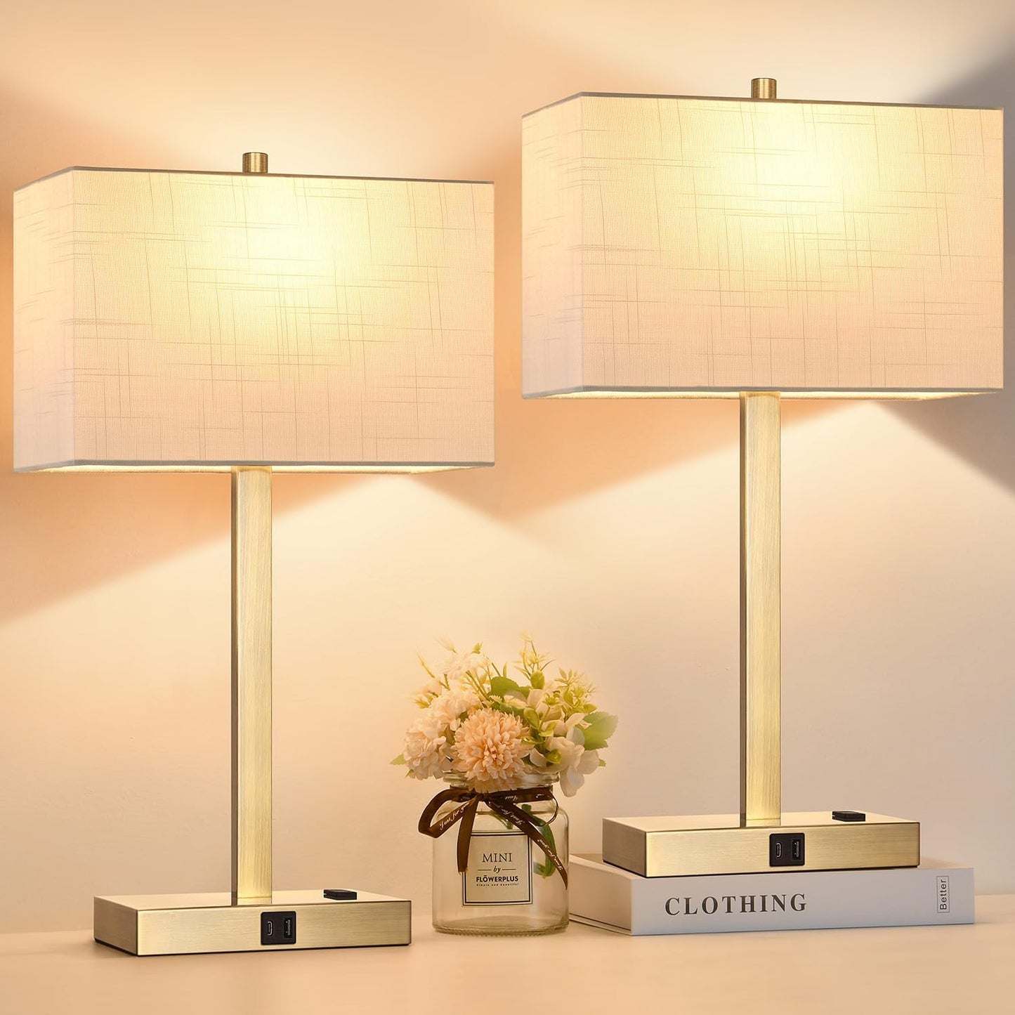 21" Touch Bedside lamps with 2 USB & AC Outlets, 3-Way Dimmable Bedside Table Lamps Set of 2 for Bedroom Living Room Office Reading, Gray Shade Lamps for Night Stands, 5000K LED Bulbs Included