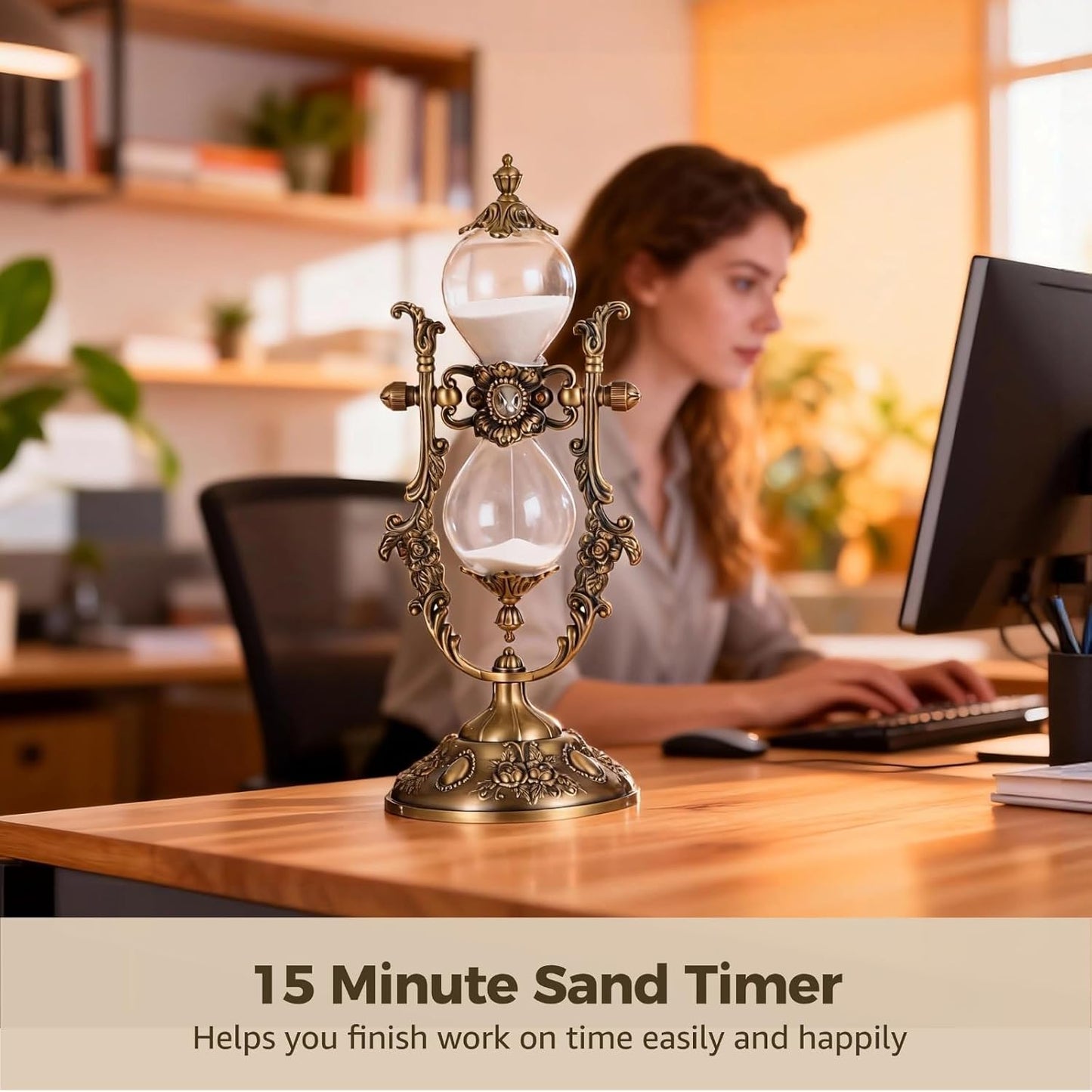 Vintage Hour Glass, 15 Minute Sanduhr Timer Bronze Zinc Alloy Frame, Metal Base Glass Timer for Home Desk Office Weddin Kitchen