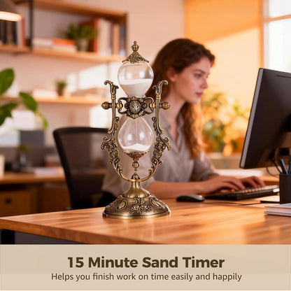 Vintage Hour Glass, 15 Minute Sanduhr Timer Bronze Zinc Alloy Frame, Metal Base Glass Timer for Home Desk Office Weddin Kitchen