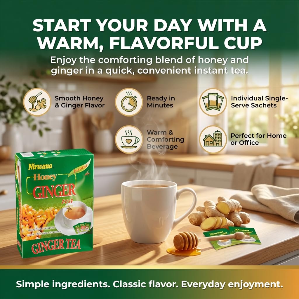 Nirwana Honey Ginger Instant Herbal Tea – The De Gingembre – Caffeine-Free Ginger Tea Bags with Honey Flavor, Smooth Herbal Infusion, Warm & Aromatic Tea (20 Sachets)