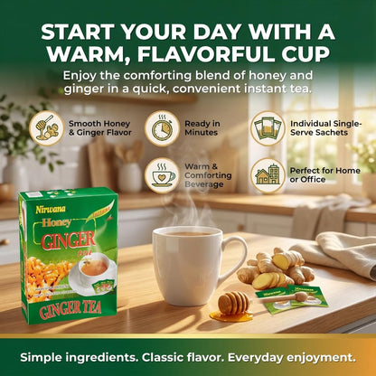 Nirwana Honey Ginger Instant Herbal Tea – The De Gingembre – Caffeine-Free Ginger Tea Bags with Honey Flavor, Smooth Herbal Infusion, Warm & Aromatic Tea (20 Sachets)