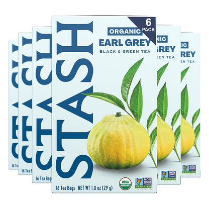 Stash Tea Organic Earl Grey Black Tea, Caffeinated, Non-GMO Project Verified, Serve Hot or Iced, 96 Tea Bags, 16 count (6 pack)