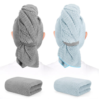 2 Pack Microfiber Hair Towel - 41 x 24 inches Super Soft, Absorbent, Fast Drying Without Frizz Hair Towel Wrap for Women Long, Thick, Curly Hair - Hair Turbans with Elastic Strap