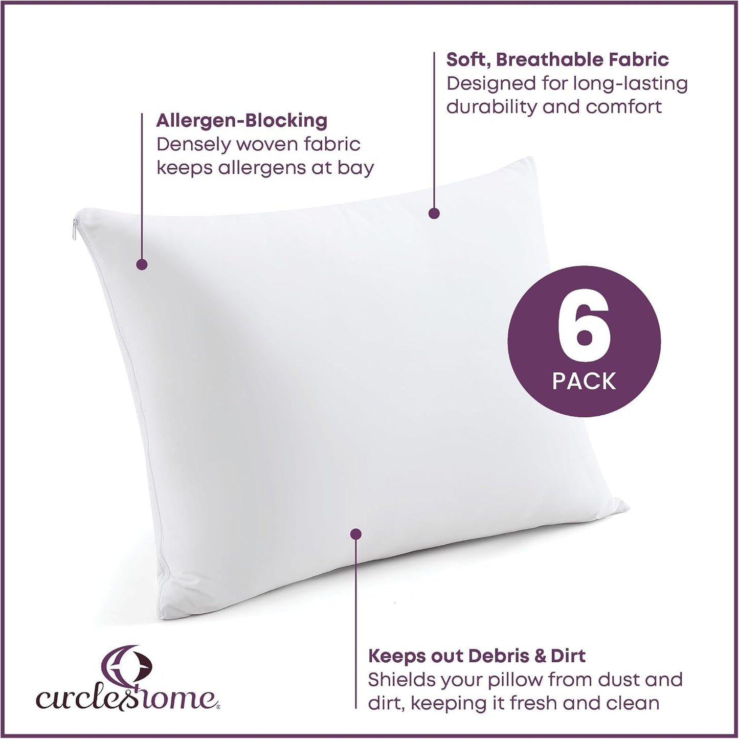 CirclesHome Pillow Protectors 4 Pack Standard Zippered - 100% Cotton Breathable Pillowcases - Protects Pillows from Dirt, Dust and Debri (Standard - Set of 4 - 20x26)