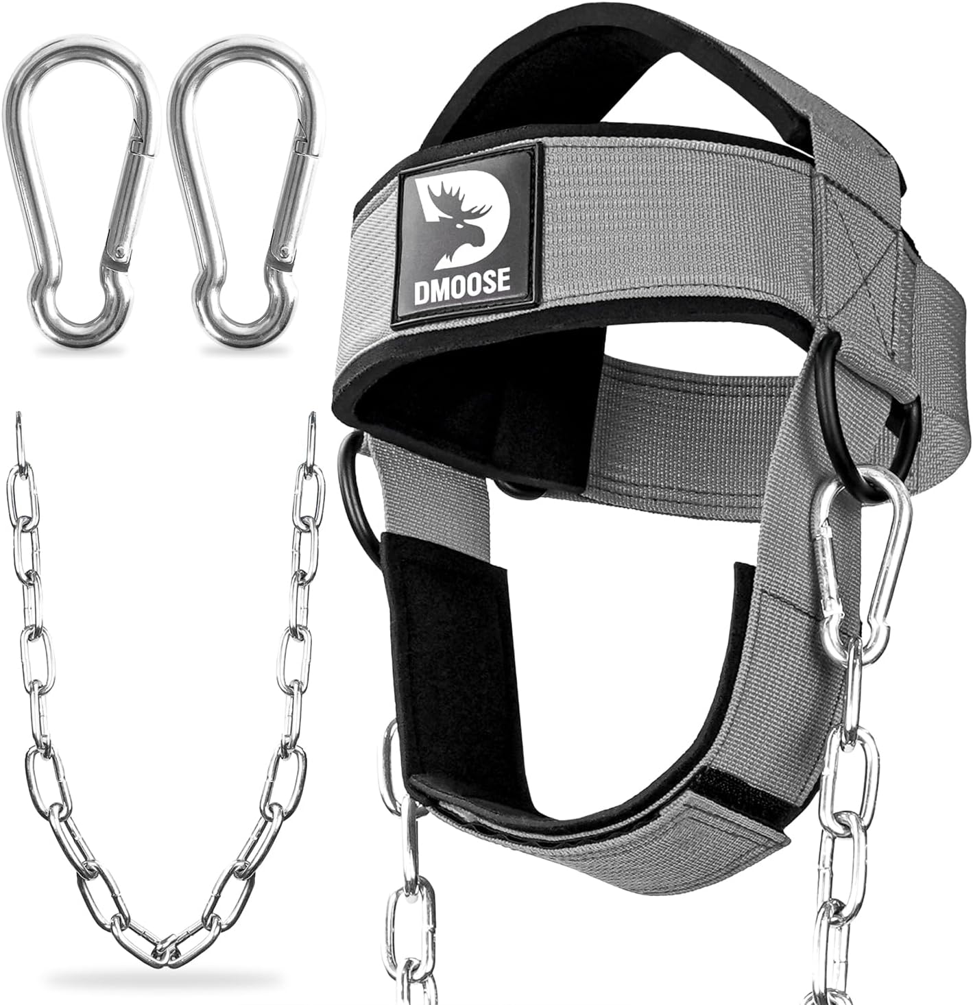 DMoose Fitness Neck Harness for Weight Lifting - Soft Padded Head & Chin Strap with 30" Heavy Duty Steel Chain - Neck Exerciser, Trainer & Strengthener to Support Injury Recovery and Intense Workouts