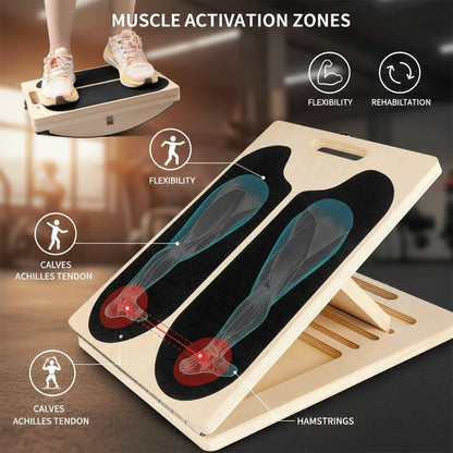 Slant Board for Calf Stretching,Balance Board,Adjustable Calf Stretcher,400 lbs Cap,Wooden Slant Board Anti-Slip Incline Board, Ankle Support,Incl.2 Resistance Bands,Instruction Card & Sand Paper.