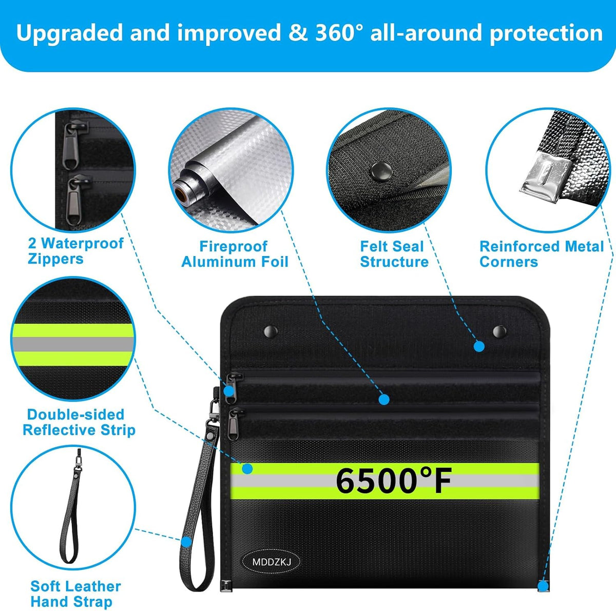 6500℉ Upgraded Fireproof Cash Bag (11.2x7.7 inch) with 2 Pockets,Small Fireproof Safe with 2 Zipper,Storage Cash,Legal Documents Safe,10 Layers of Heat Insulated Materials(2 Pack)