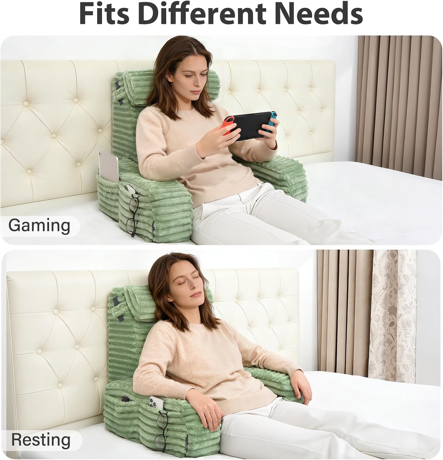 ENITYA 22" XL Back Pillow for Bed Sitting Up, Reading Pillow with Armrests & Big Pockets, Soft Back Support Chair, Ideal for Watching TV, Gaming, Nursing, Resting, Post Surgery, Dark Grey