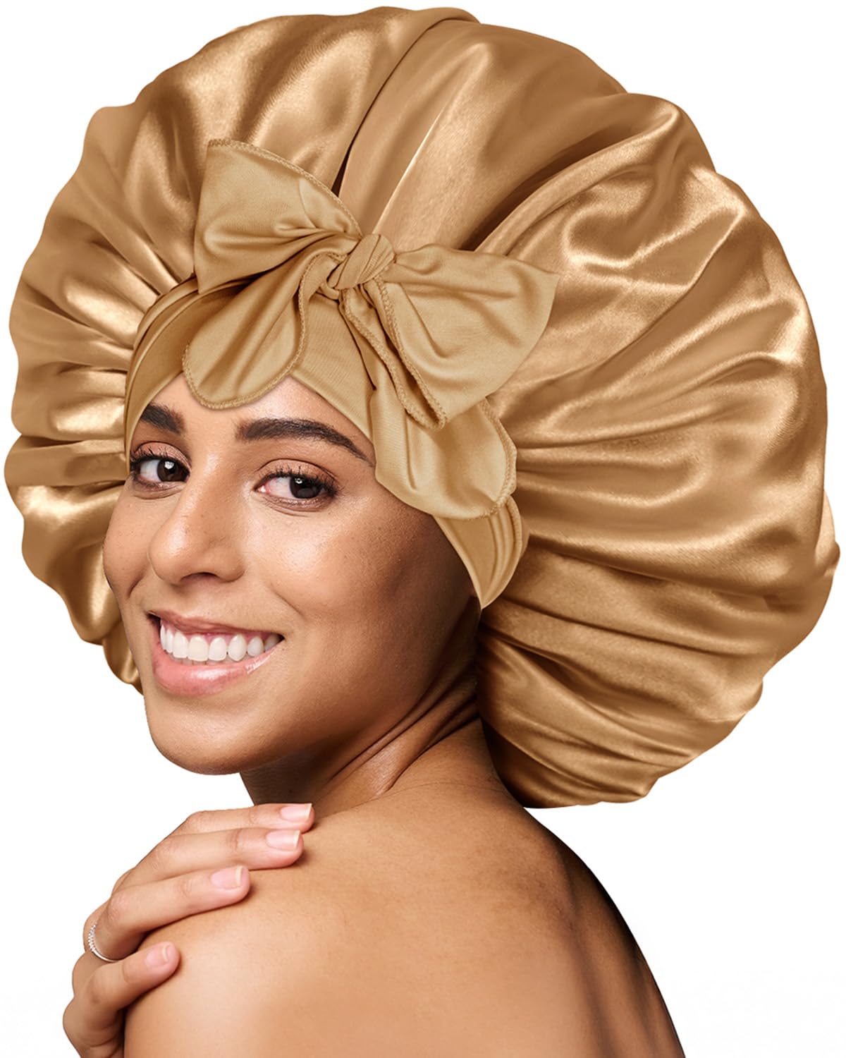 BONNET QUEEN Silk Bonnet for Sleeping for Women Satin Bonnet Night Cap for Curly Hair with Tie Band, Single Layer, Cream Pink