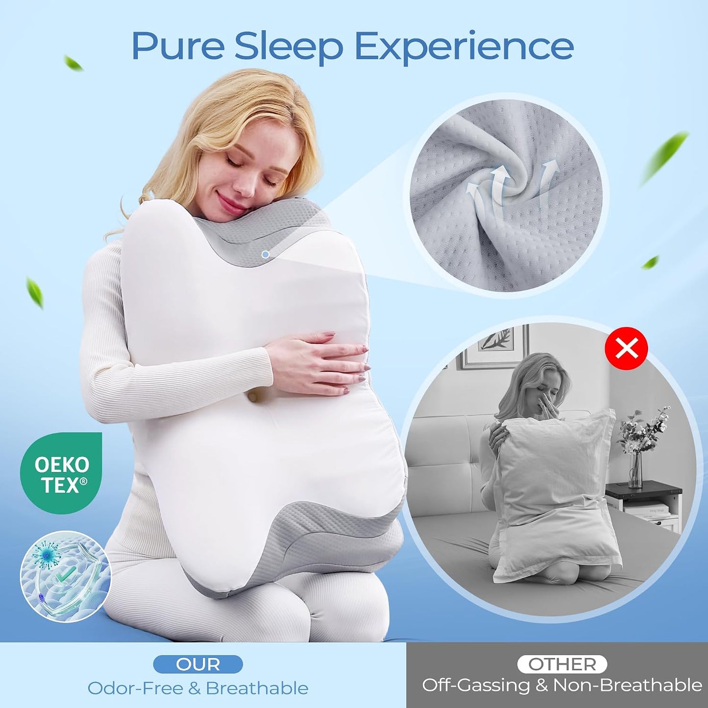BDEUS Cervical Neck Pillow for Sleeping – Ergonomic Memory Foam Pillow with Massage Nodes for Neck Pain Relief, Side Sleeper & Back Support, CertiPUR-US Certified, Grey