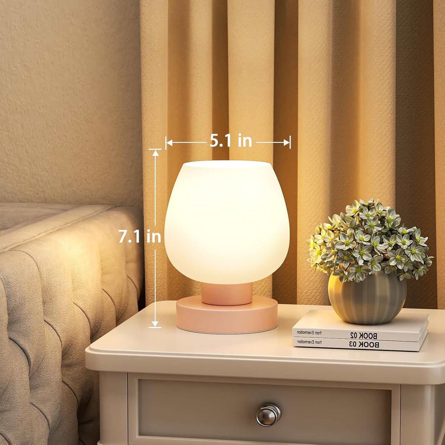 Seealle Touch Table Lamp for Nightstand - Small Bedside Lamp for Bedroom Living Room Night Stands, Desk Lamp with White Glass Shade for Small Spaces, 3 Way Dimmable, LED Bulbs, Gifts