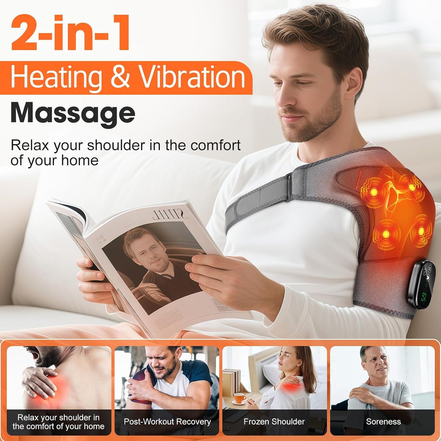 Shoulder Heating Pad with Massage, Cordless Heated Shoulder Brace Wrap Massager for Pain Relief Deep Tissue, Rotator Cuff Heating Pad, Gray