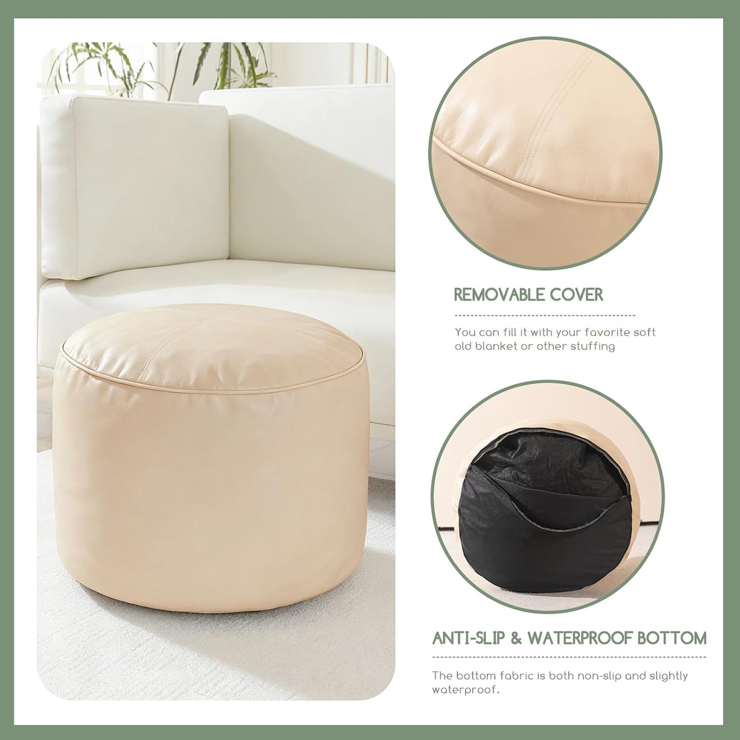 HIGOGOGO Round Stuffed Pouf Ottoman, Pu Leather Poufs with Foam Chunk Filling, Furry and Fluffy Pouf Foot Stool Storage Ottoman, 20 X 15 Floor Poufs Foot Rest for Living Room,Dark Brown