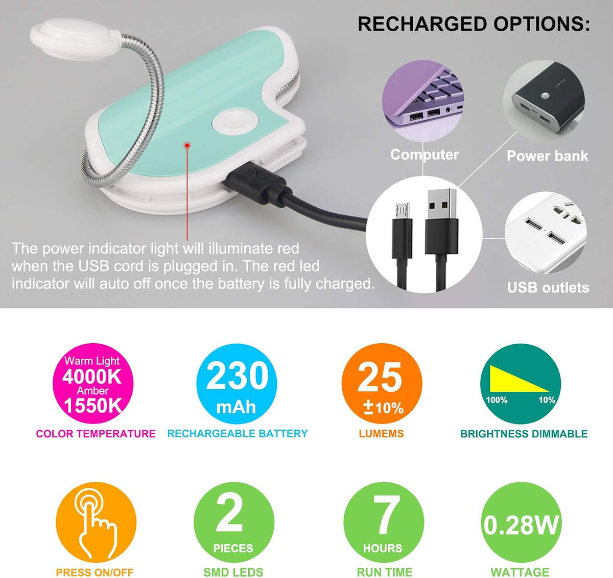 BIGMONAT Rechargeable Reading Light for Kids,Small Amber Book Light,Multi Colors Portable LED Reading Lamp with 361° Rotary Light Neck,Wireless Clip Reading Light for Books (White)