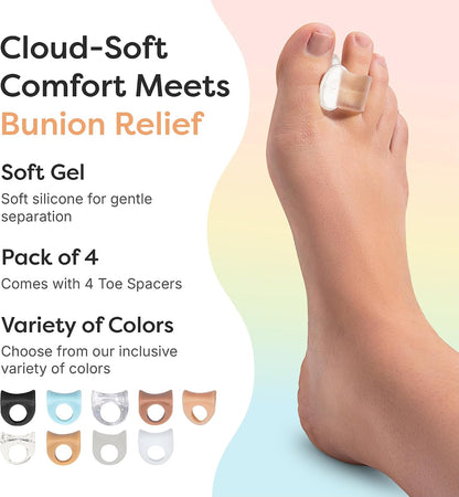 ZenToes Gel Toe Separators for Overlapping Toes, Bunions, Big Toe Alignment, Corrector and Spacer - 4 Pack (White)
