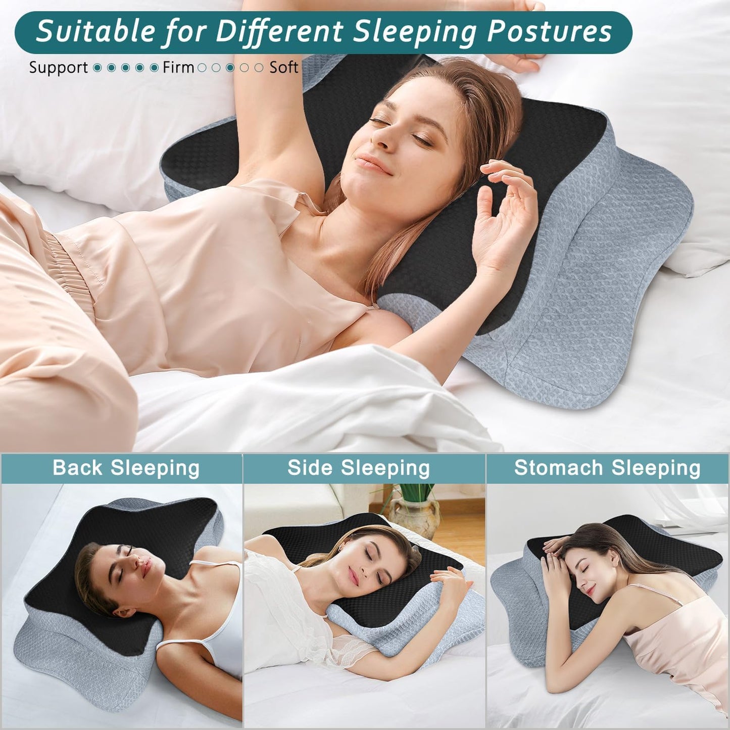 CHxxy Cervical Neck Pillow for Pain Relief Sleeping, Memory Foam Pillows, Ergonomic Side Sleeper Pillows, Cooling Orthopedic Neck Support Pillow for Back Stomach Sleepers-Queen Size Grey&Grey