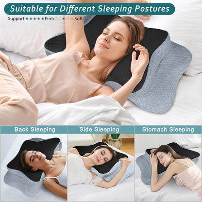 CHxxy Cervical Neck Pillow for Pain Relief Sleeping, Memory Foam Pillows, Ergonomic Side Sleeper Pillows, Cooling Orthopedic Neck Support Pillow for Back Stomach Sleepers-Queen Size Grey&Grey