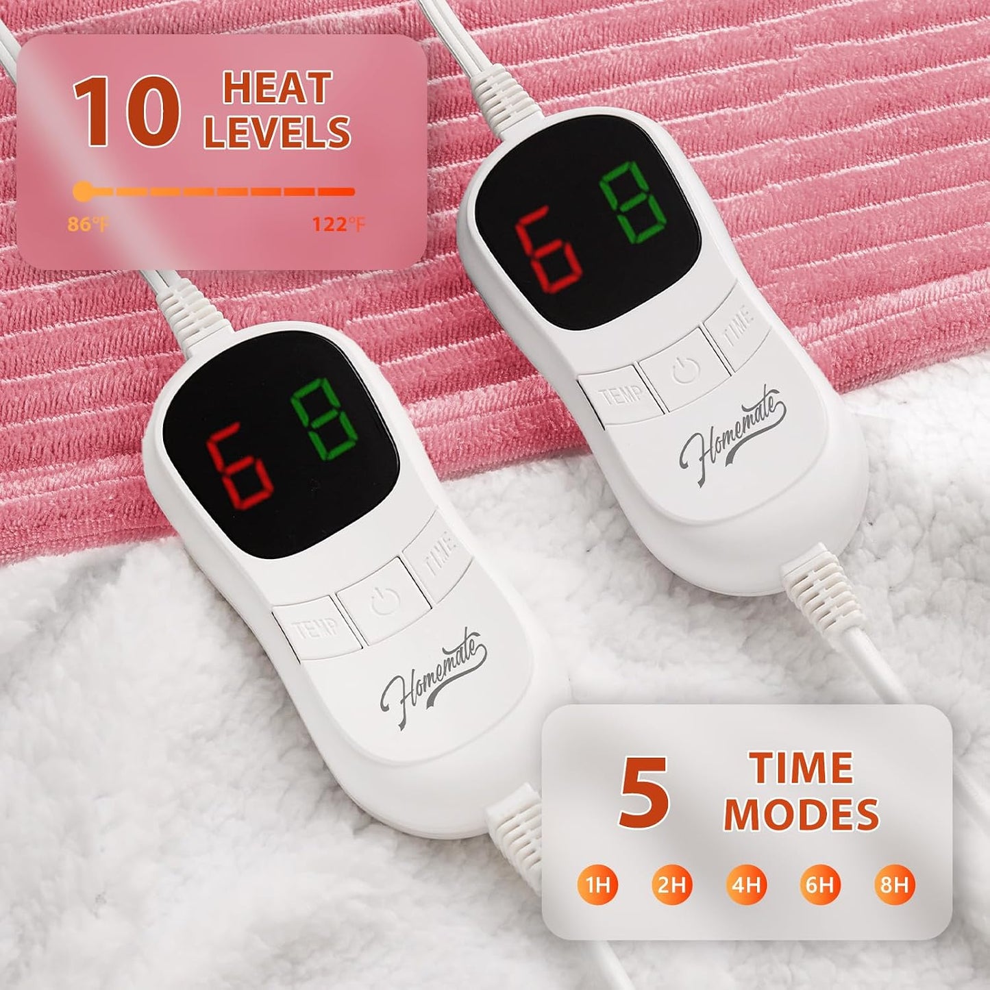 Homemate Heated Blanket Electric Throw - 50"x60" Heating Blanket Throw 1/2/4/6/8 Hours Auto-Off 10 Heat Levels Over-Heat Protection Soft Flannel Sherpa Heater ETL Certification