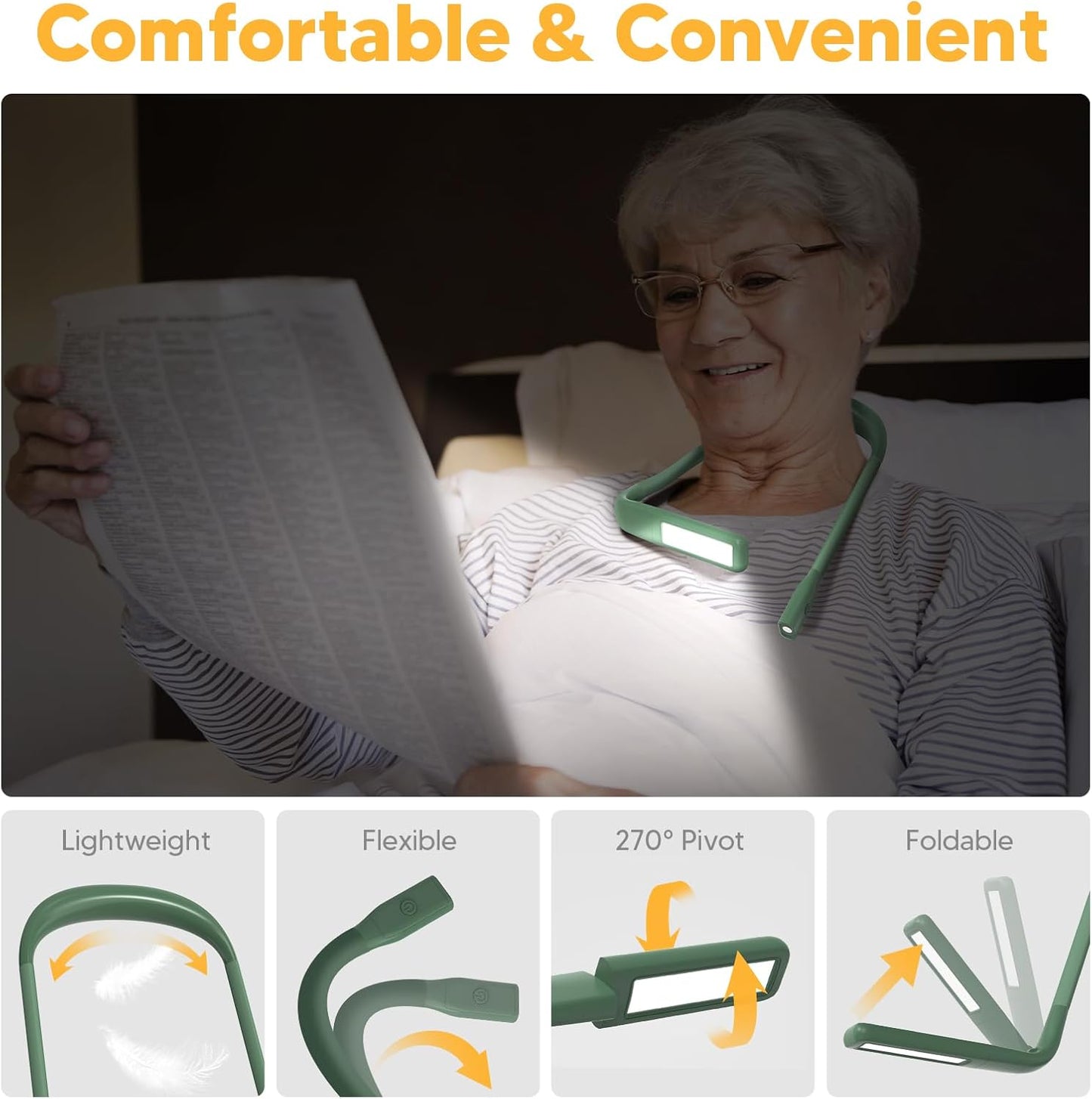 Neck Reading Light Book Lovers Gifts, Rechargeable 80Hrs Eye-friendly 3 Colors & Stepless Dimming Book Light for Reading, Christmas Stocking Stuffers for Men Women Camping Knitting Crochet Accessories