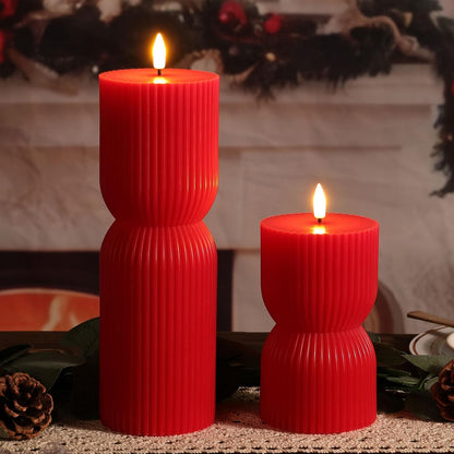 White Ribbed Flameless Pillar Candles with Remote, Real Wax Flickering Battery LED Candles Set of 2