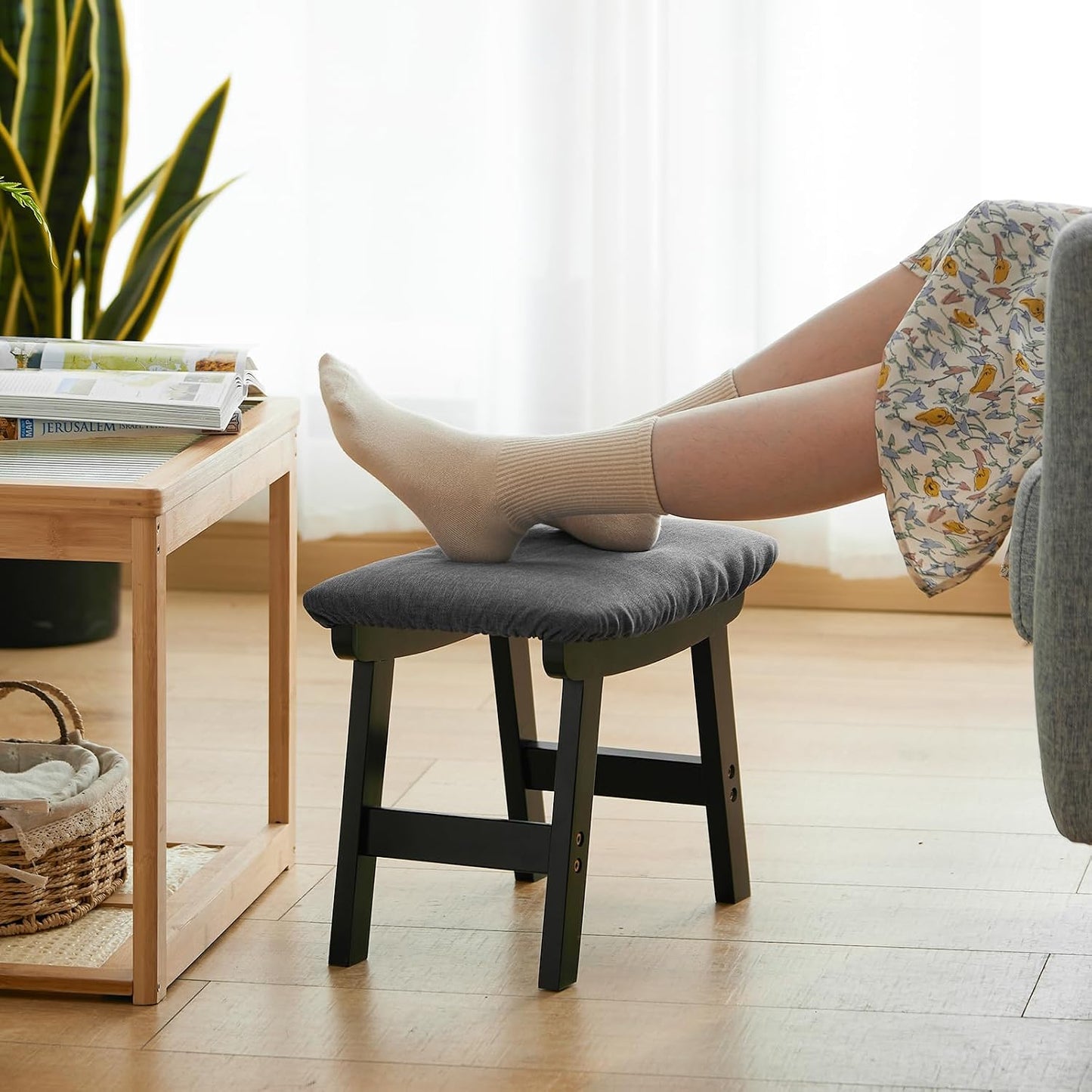 Foot Stool Ottoman Foot Rest Under Desk,Small Stool for Living Room, Bedroom and Kitchen (Brown Legs - Beige Stool Surface)