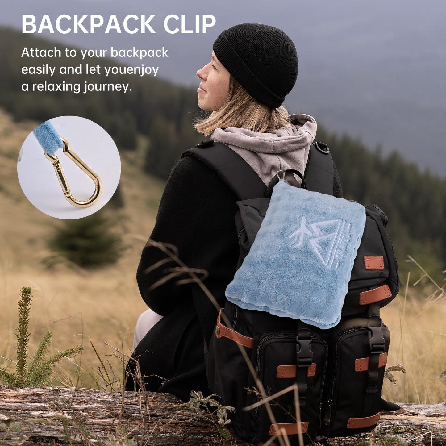 Travel Blanket and Pillow-2-in-1, Ultra-Soft&Compact, One-Piece Airplane Blanket with Hand Luggage Belt and Backpack Clip,Travelers Accessories Gifts, 61x43 Inches (Blue)
