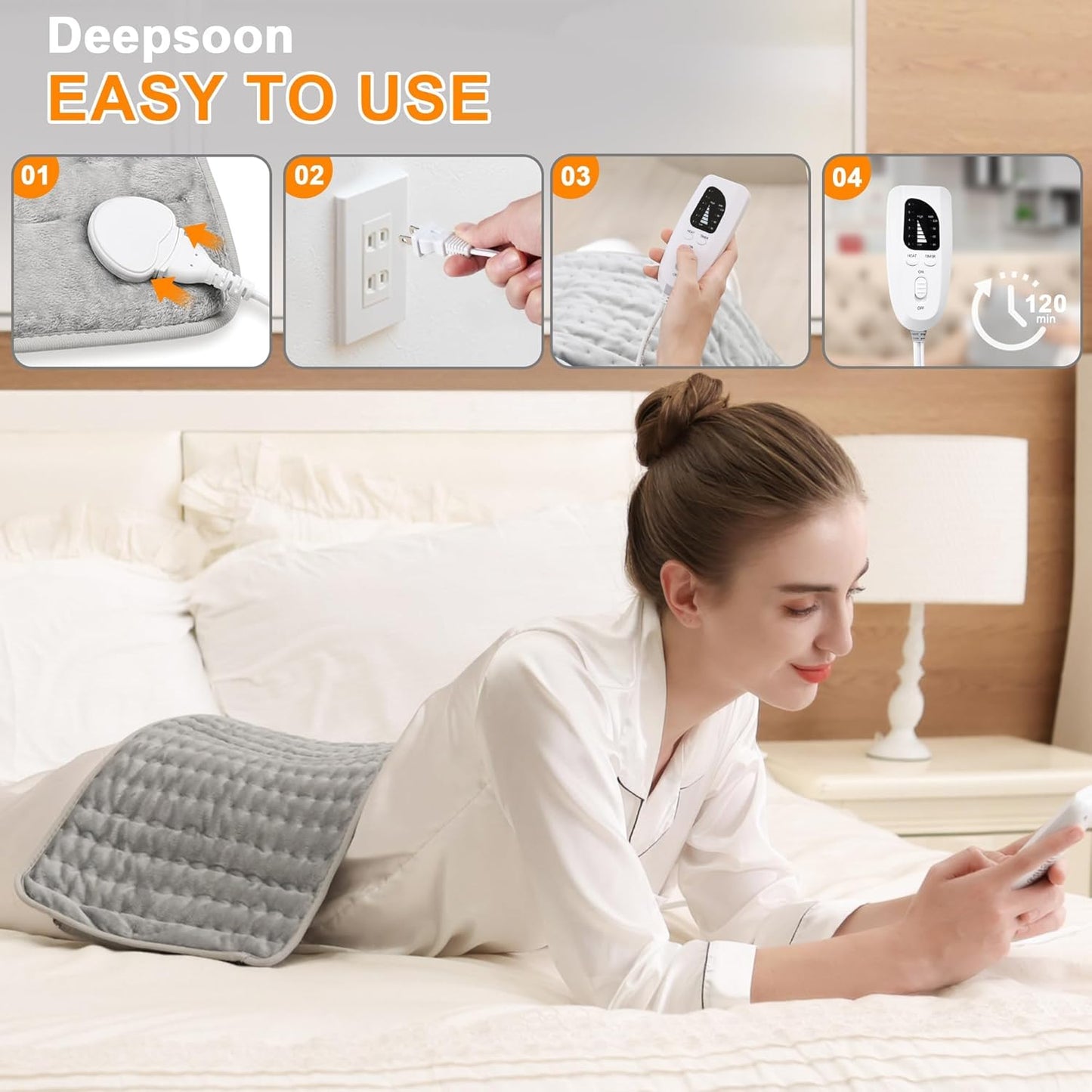 Deepsoon Heating Pad,Electric Heating Pads for Back,Neck,Moist Heating Pad for Abdomen Shoulder Knee Legs,Dry/Moist Heat&Auto Shut Off,Fathers Day Dad Gifts for Men Birthday,Light Gray,24x12 Inch