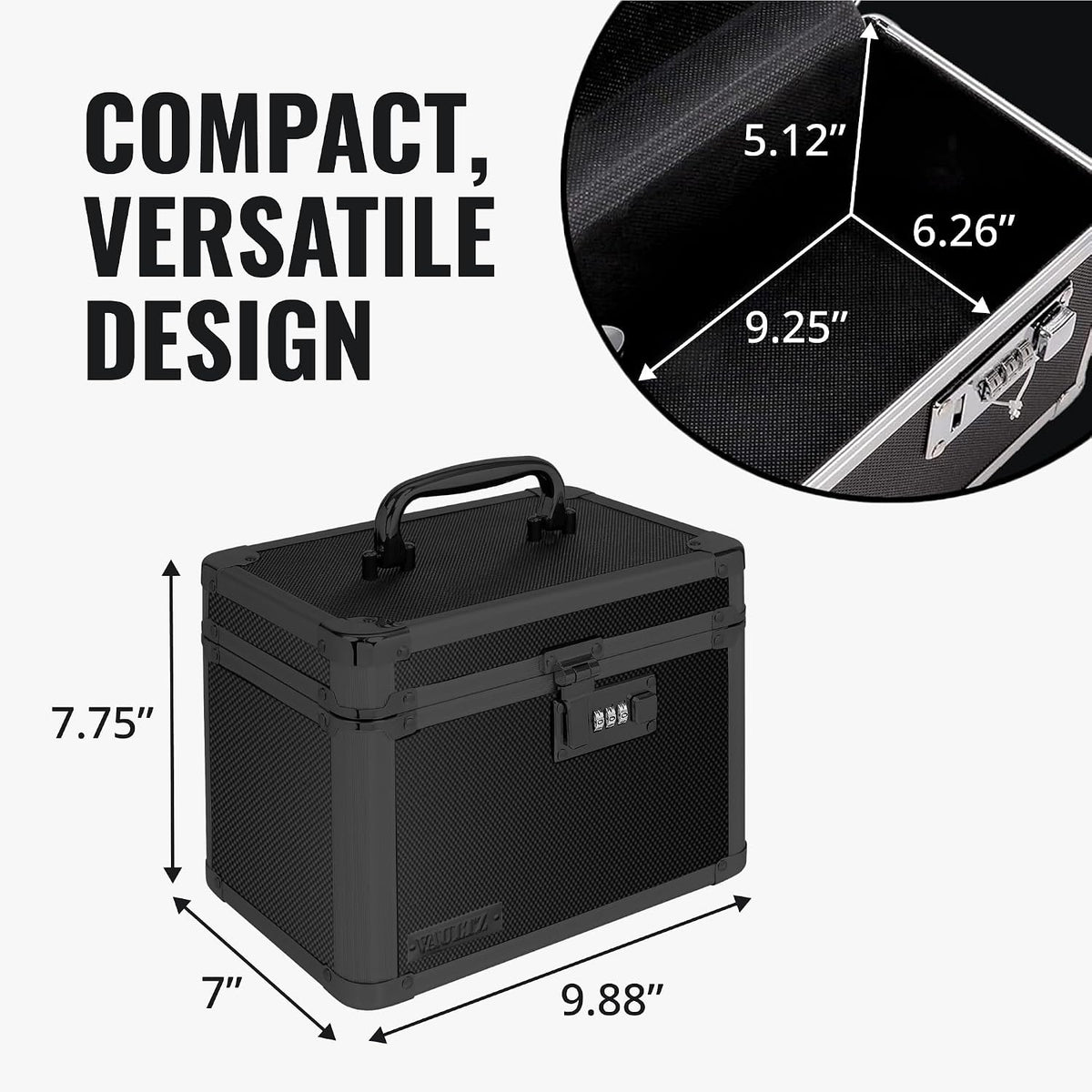 Vaultz Secure Security Lock Boxes - Safe Combination Lock Box, Storage for Documents, Valuables, Medicine & Money - 9.88 x 7.75 x 7 Inch - Black/Chrome
