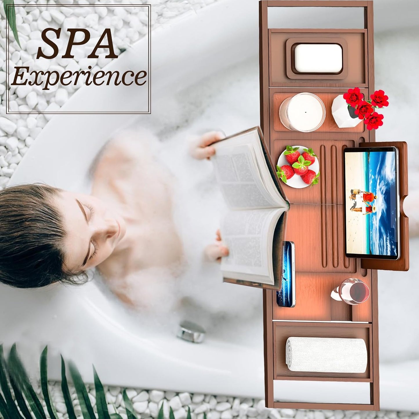Premium Bamboo Bathtub Tray Caddy - Bath Tub Tray Table for Bathtub - Bath Caddy Tray for Bathtub, Expandable Size, Fits Most Bath Tubs