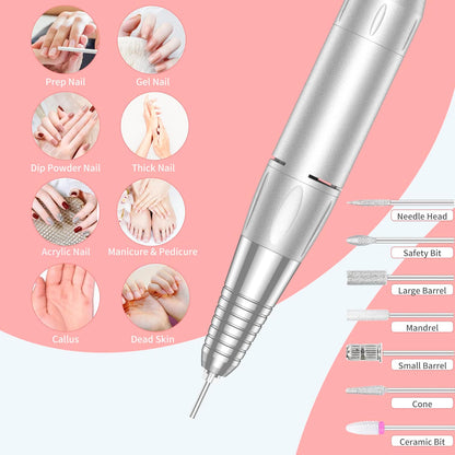 MOCOWIND Portable Nail Drill Professional 35000 RPM, Rechargeable Electric Nail File Machine Cordless E-File for Acrylic Gel Polishing Removing with Bits Kit for Manicure Salon Home, Pink