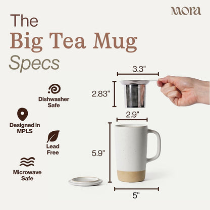 Mora Ceramics Large Tea Mug with Loose Leaf Infuser and Ceramic Lid, 18 oz, Portable, Microwave and Dishwasher Safe, Tall Coffee Cup - Rustic Matte Ceramic Glaze, Modern Herbal Tea Strainer, Olive