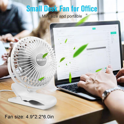 BESKAR Small Clip on Fan, 3 Speeds USB Fans with Strong Airflow, Clip & Desk Fans USB Plug in with Sturdy Clamp - Ultra Quiet operation for Office Dorm Bedroom Stroller