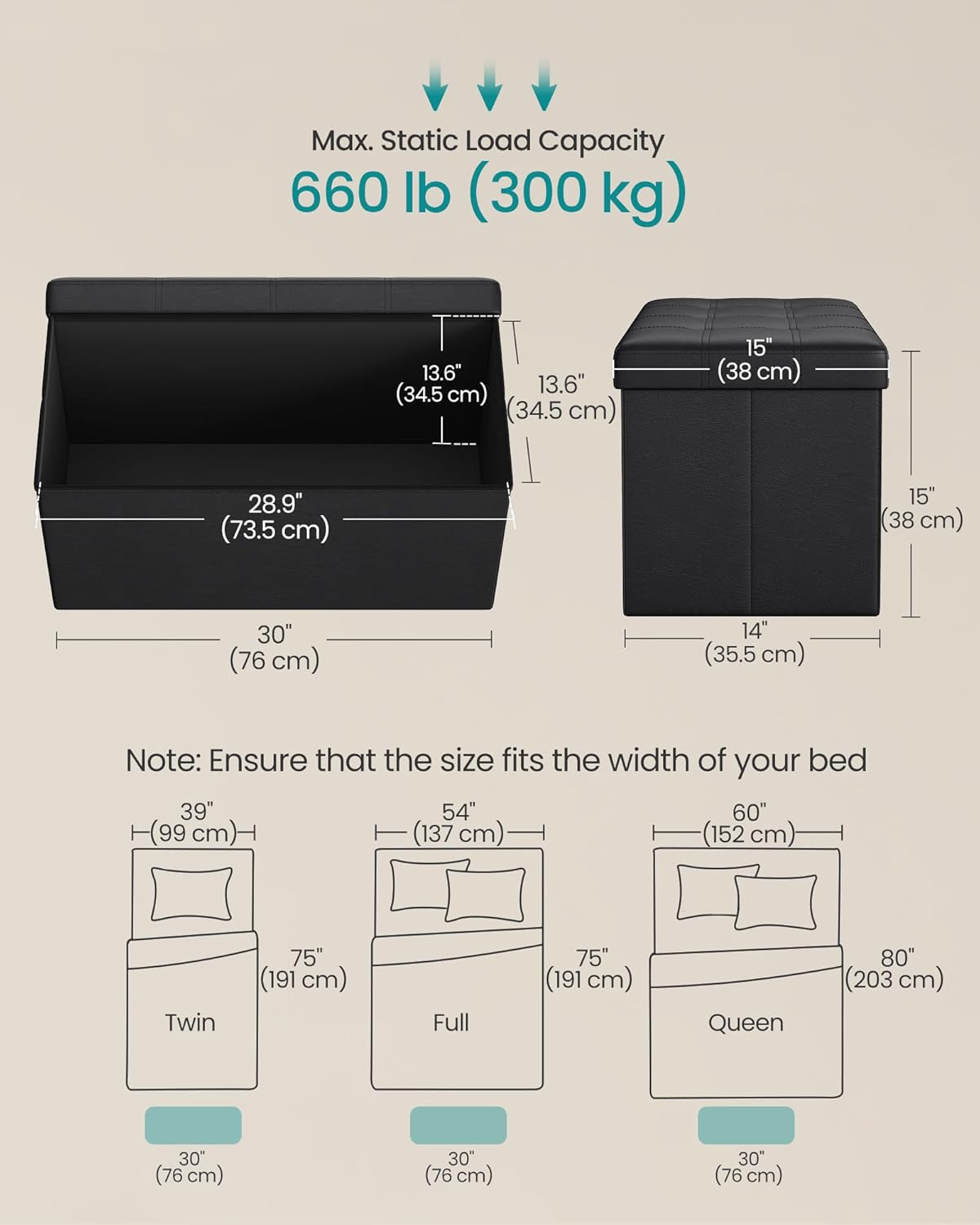 SONGMICS MAZIE Collection - 43 Inches Folding Storage Ottoman Bench, Ottoman with Storage, Foot Rest Stool, Load 660 lb, for Living Room, Synthetic Leather, Black ULSF701