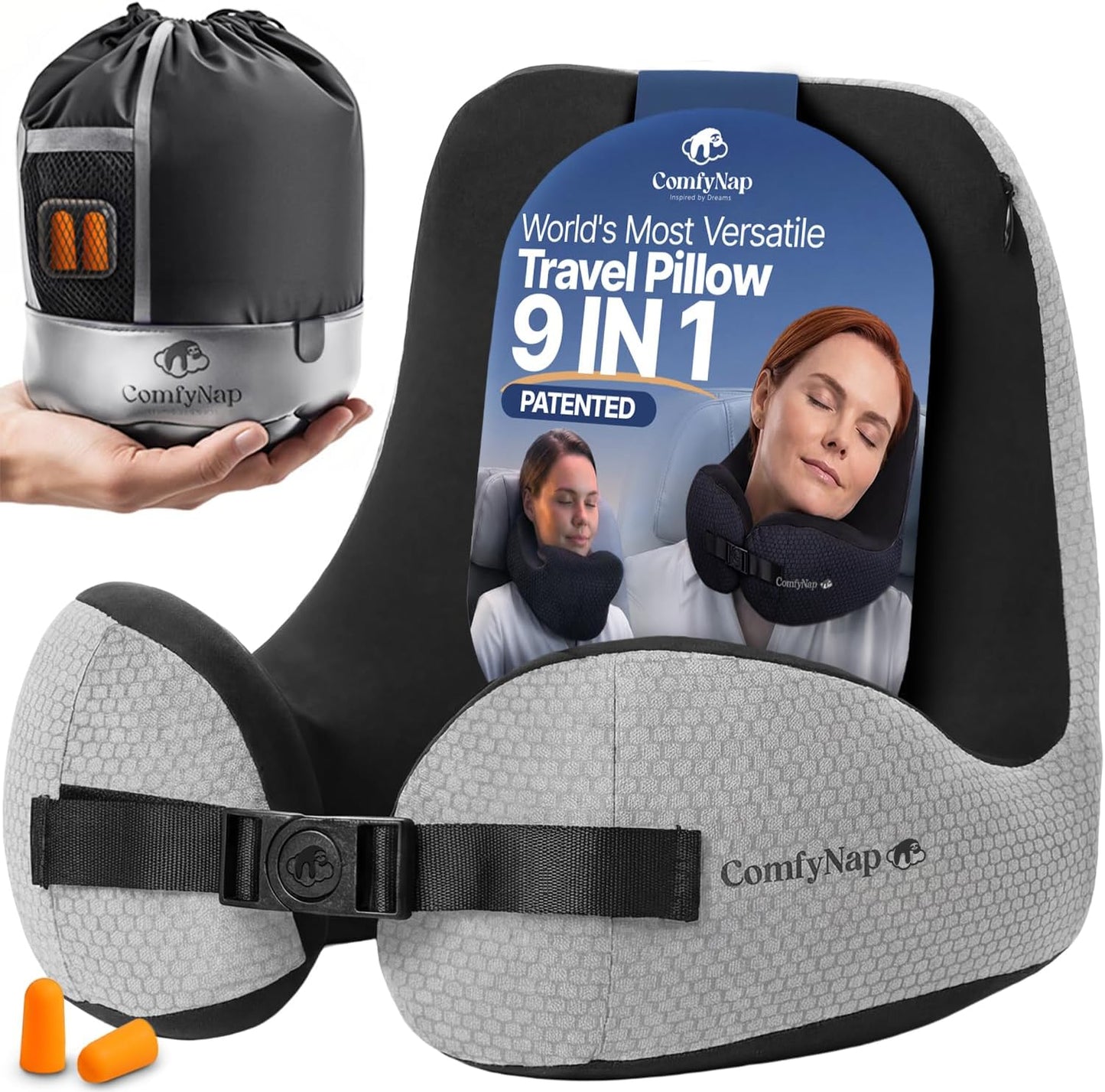 ComfyNap® Versatile Travel Neck Pillow for Airplane [Patented], 9 Positions in 3 Techniques, Plane Pillow with Pure Memory Foam, Travel Pillow with HeadRest Flight Sleep, Travel Essential - Mercury