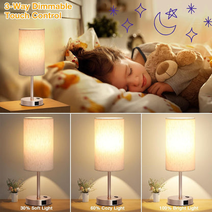 Dicoool Touch Bedside Table Lamp with USB - 3 Way Dimmable Wood Lamp for Bedroom Nightstand, Desk Lamp with Charging Station for Dorm, Living Room, Office, Kids Room, Small, 14in