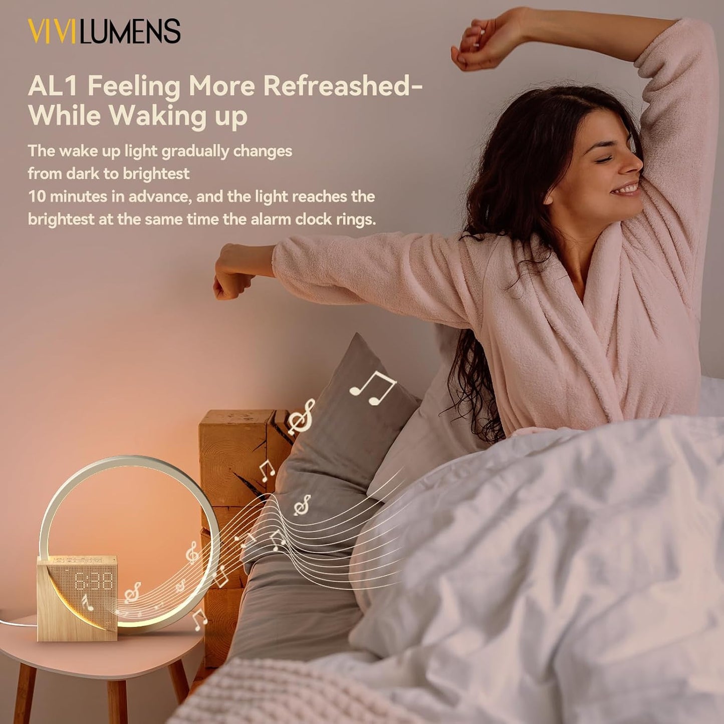 Vivilumens Sunrise Alarm Clock Sound Machine Nightlight, Gradual Wake Up Light, Digital Dimmable Clock, 10 White Noise Sleep Sounds, Snooze, Dual Clocks for Heavy Sleeper Adult, Decor Gifts for Women