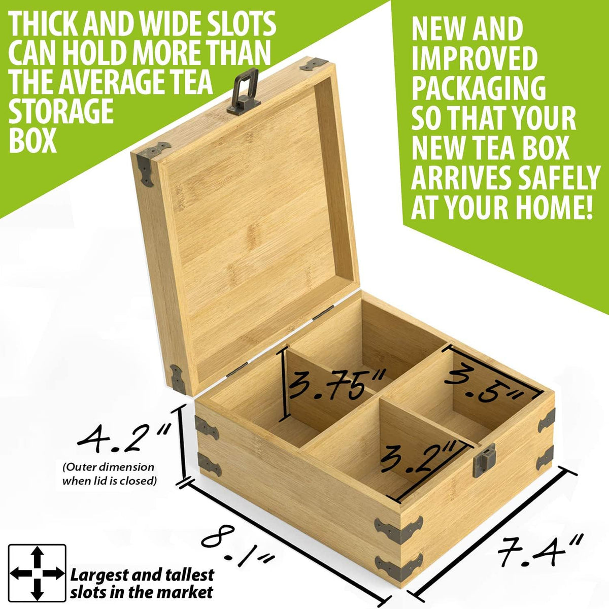 Tea Organizer Box Food Safe Chemical Free Bamboo Wood Storage Chest Big, Tall, Adjustable Cubbies (8-Slot 14.3" x 8.1" x 4.2" with TEA print design)