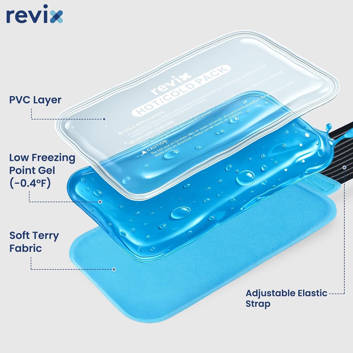 REVIX Ice Packs for Injuries Reusable, 2 Packs Hot & Cold Gel Ice Packs with PVC Cooling Design & Adjustable Strap, Flexible Therapy on Joints, Muscles, Shoulder, Back and Knee (10" x 5" Blue)