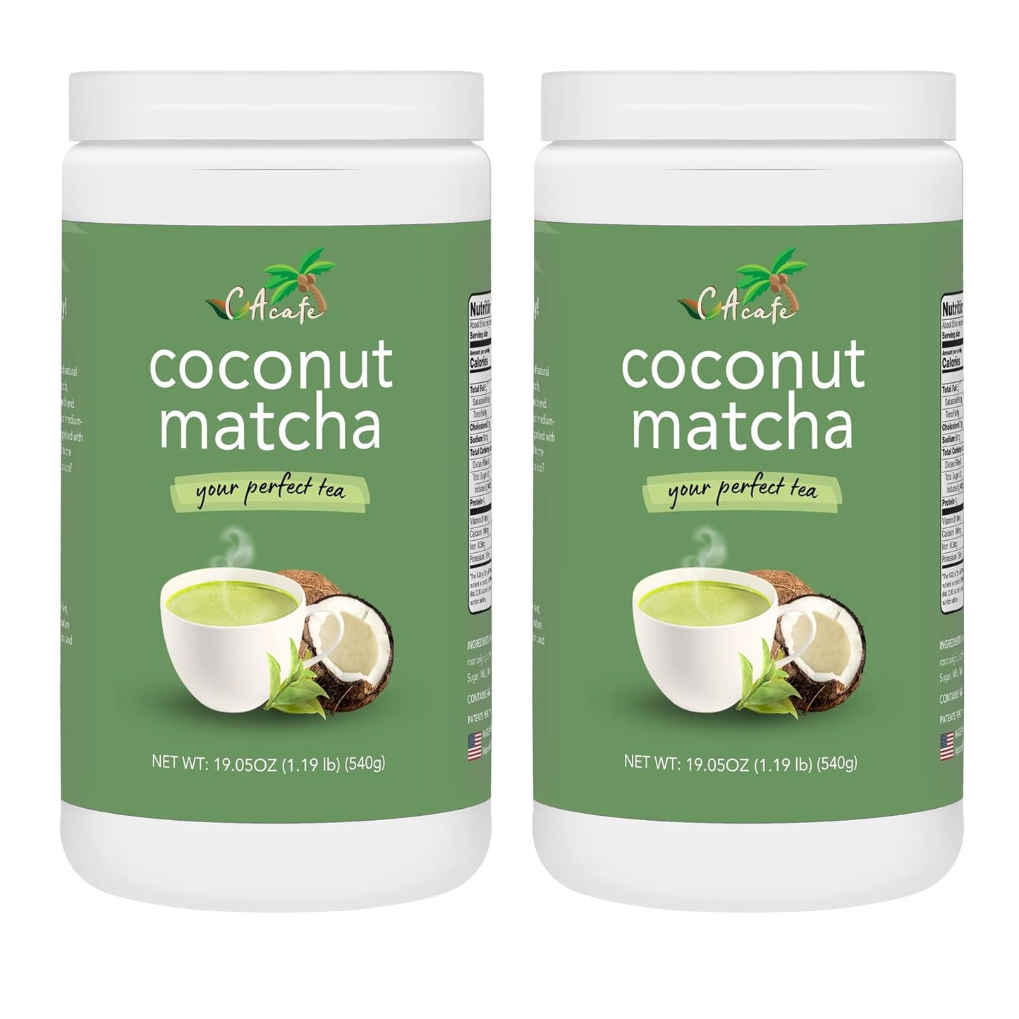CAcafe Coconut Matcha | Instant Japanese Health Drink | Creamy & Sweet | Hot or Iced Green Tea Latte Mix | New Look, Reduced Sugar | Non-GMO | No Artificial Flavors or Colors | 2-Pack