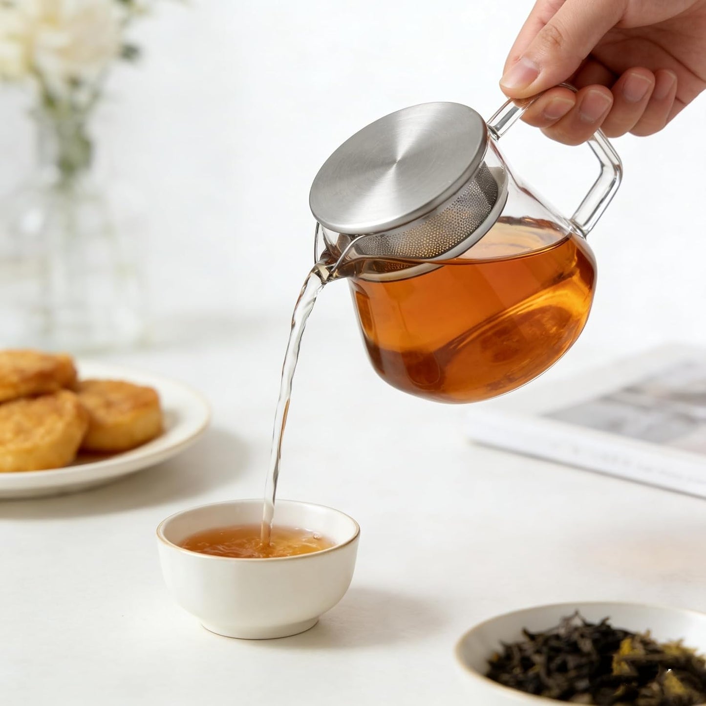 CNGLASS One-Touch Glass Teapot with Stainless Steel Filter Lid,20oz(600ml) Glear Tea Kettle Stovetop Safe,Borosilicate Glass Tea Pots for Loose Leaf Tea