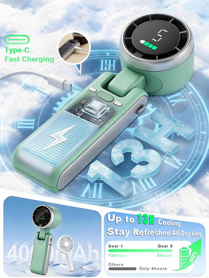 Portable Handheld Turbo Fan, 5 Gear Wind, Battery Operated, Up to 13 Working Hours Rechargeable Fan, 3 IN 1 Hand Fans with Air Turbo Tech Cooling Fan for for Travel, Beach, Outdoor - Black