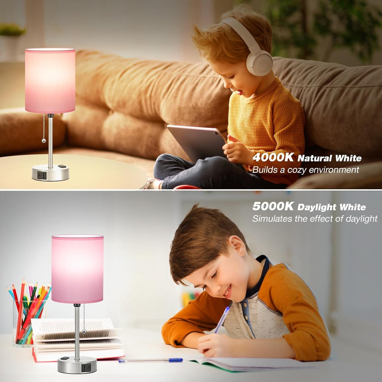 Small Bedside Table lamp for Bedroom - 3 Color Temperatures Bedside Lamps with USB C and A Ports, Pull Chain Table Lamps with AC Outlet, White Nightstand Lamps with Black Metal Base for Kids Reading