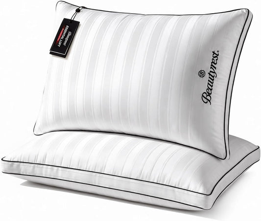 Beautyrest Hotel Pillows for Sleeping Queen Size Set of 2-500 Thread Count Luxury Cooling Bed Pillows, 100% Cotton Cover Damask Stripe Embroidered Cover, Soft Medium Down Alternative